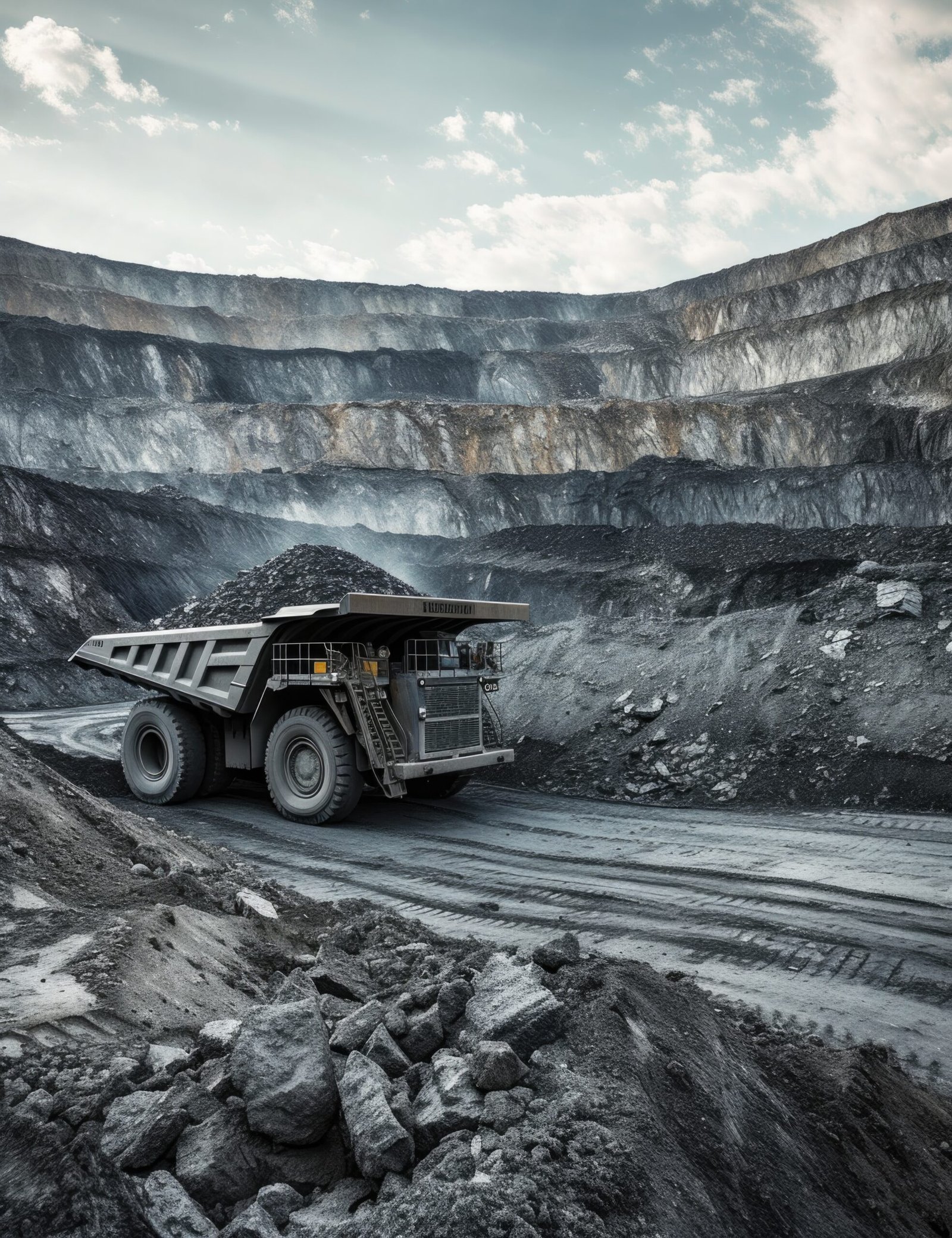 an openpit coal mine with a mining truck in front of it, in the style of creative commons attribution, konica auto s3, black and gray, associated press photo, non-representational, nonrepresentational --ar 10:13 --v 6 Job ID: 218f9ded-7660-4f8d-8b2c-4ea5512fc19e